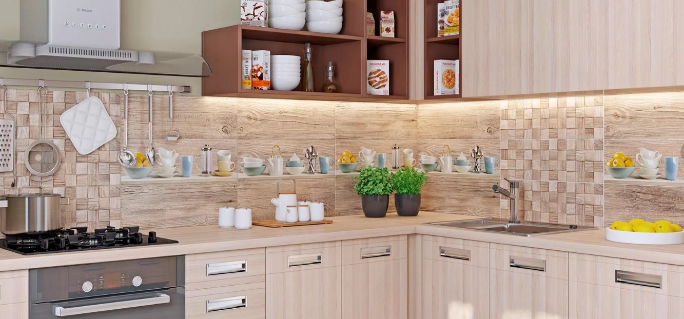 Фартук на кухню из бежевой плитки2