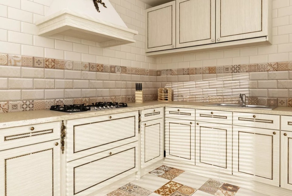 Фартук на кухню из бежевой плитки3