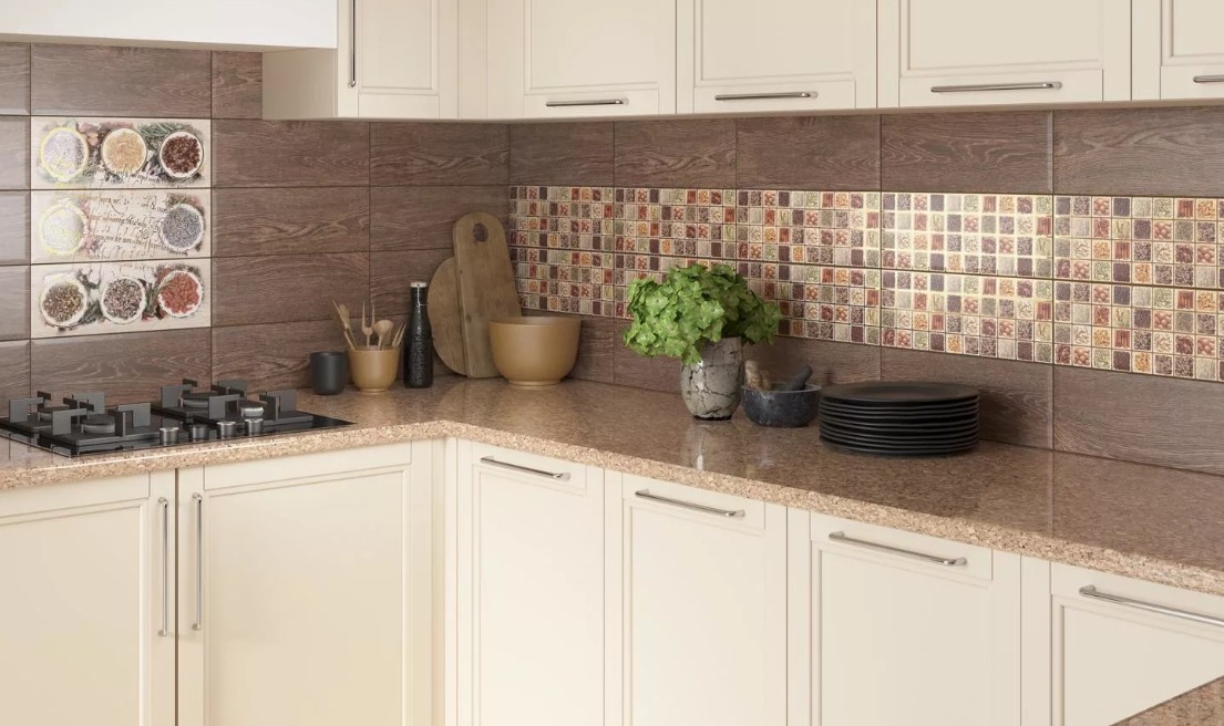 Фартук на кухню из бежевой плитки4