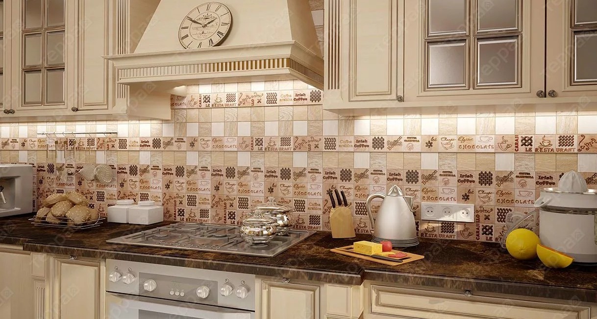 Фартук на кухню из бежевой плитки5