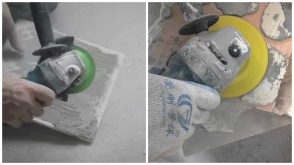 Когда нужно убрать старый клей с плитки можно воспользоваться болгаркой